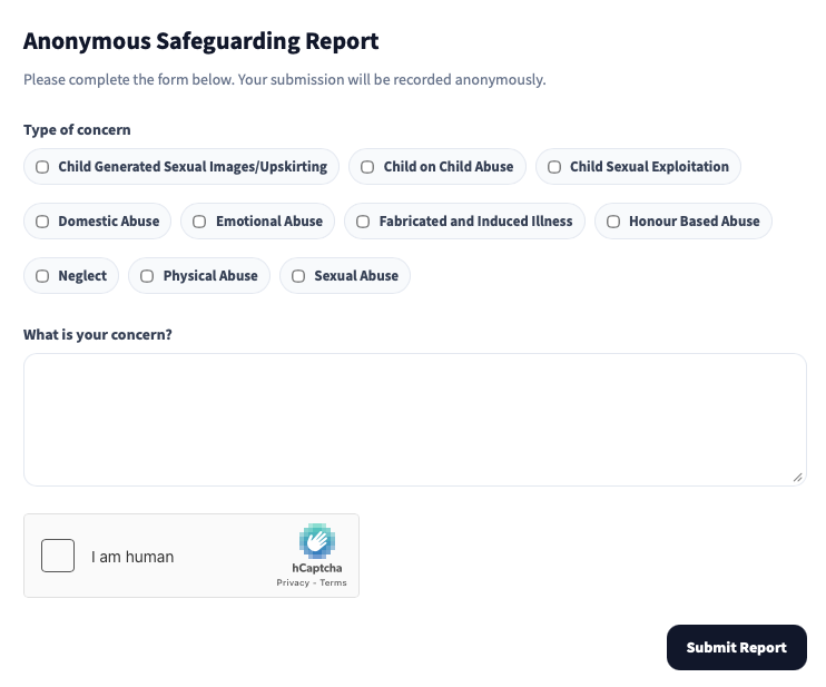 Anonymous reporting form preview